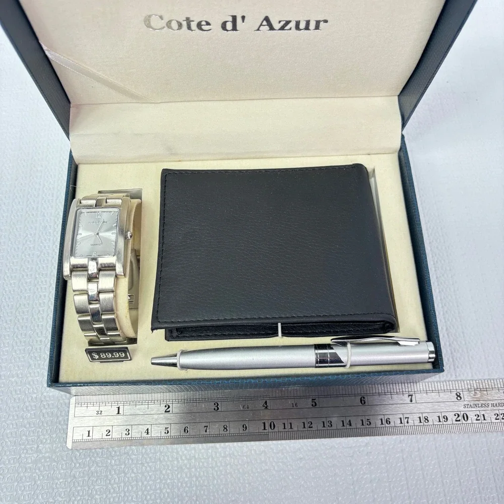 Cote dAzur Mens Watch Wallet Pen Gift Set Silver Tone Rectangle Face Black NIB - Picture 5 of 7